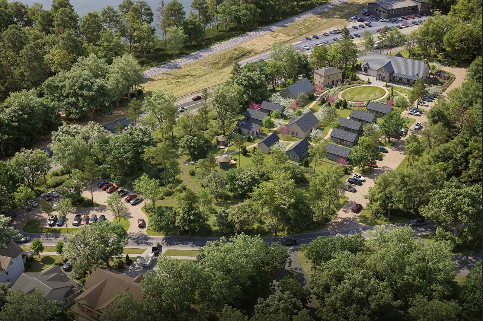 aerial view of a neighborhood with trees and roads